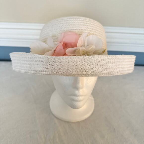 Vintage White with Peach Flowers Spring Church Garden Party Hat - Picture 1 of 9